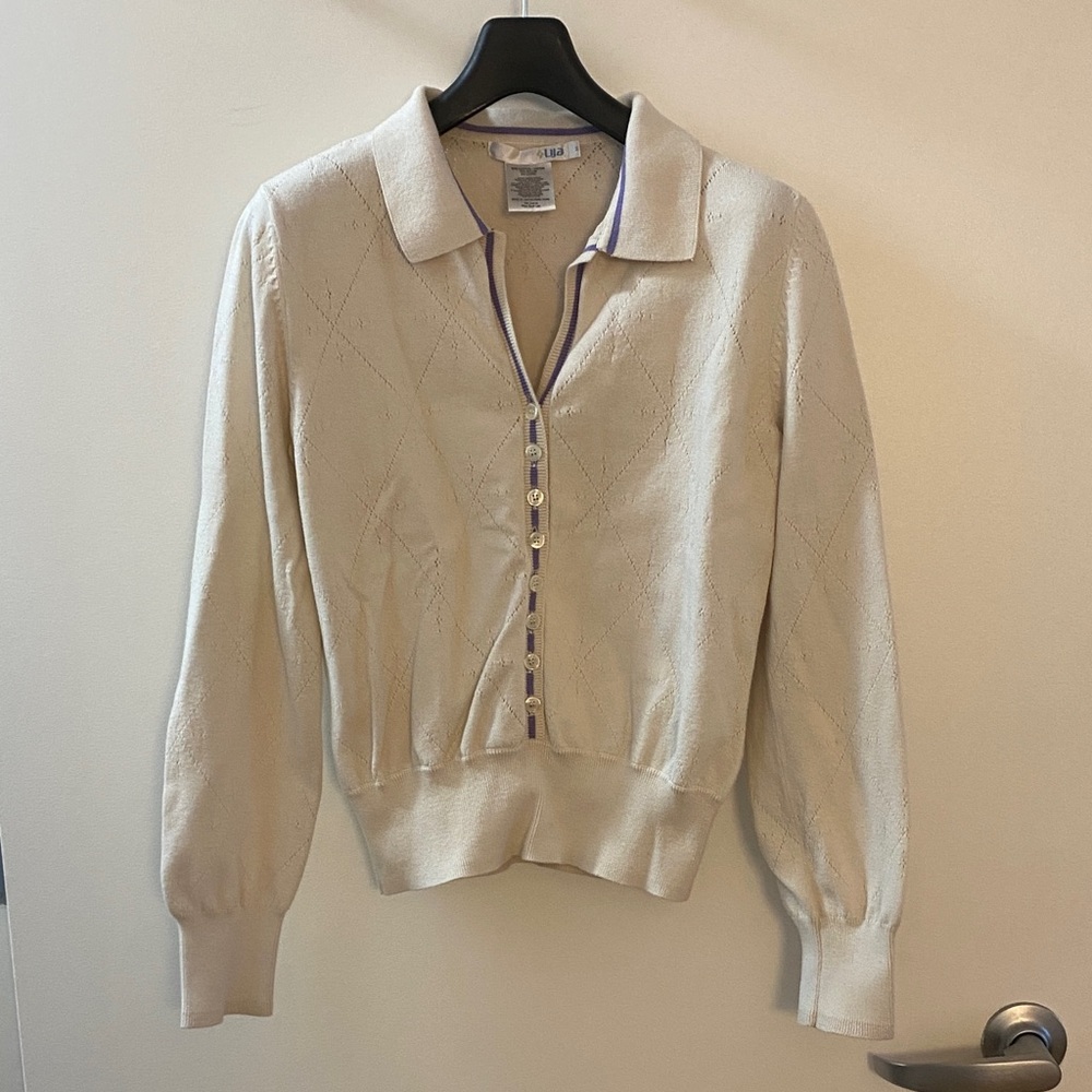 Classic Collared Knit Sweater - Cream with Purple Trim